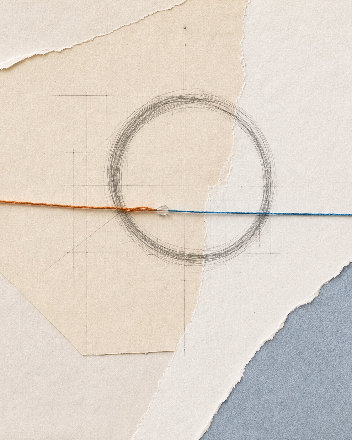A warm-to-blue thread joins at the center of a revised graphite circle on layered, torn paper.