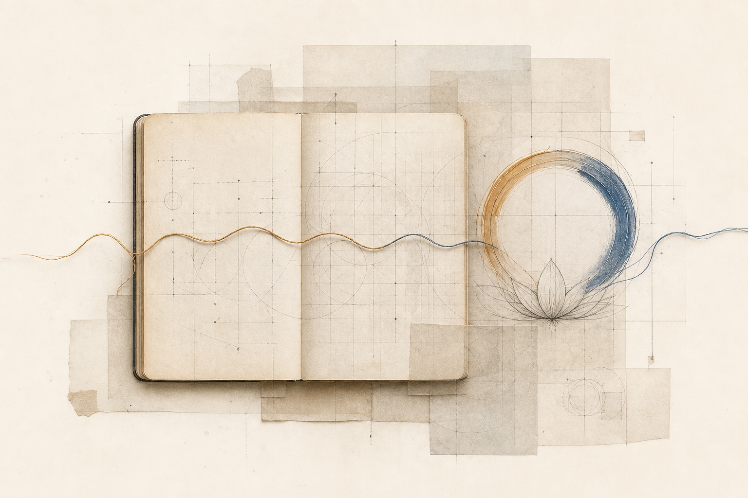 An open folio layered with drafting paper, revision lines, and a warm-to-blue thread passing through an unfinished circle and bloom.